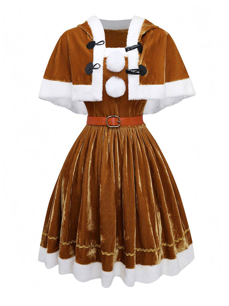 2PCS Braun 1940er Weihnachtselch Cape & Samt Kleid