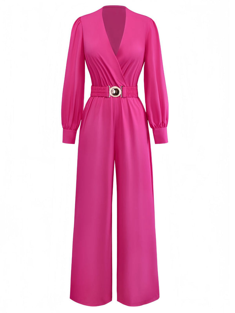Rosa 1960er Solide Tiefer V Gürtel Laternenärmel Jumpsuit