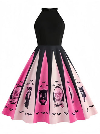 [Vorverkauf] Rosa 1950er Halloween Skeleton Drucken Swing Kleid