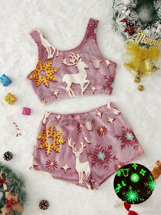 2PCS 1970er Glühend Bunt Drucken Flanell Pajama Set