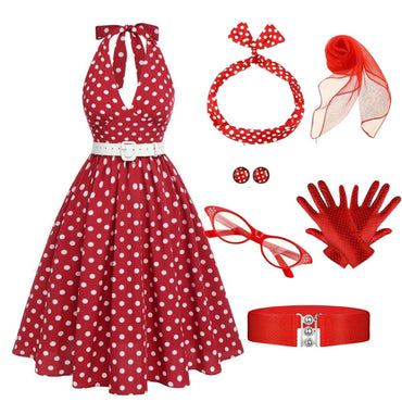 Rot 1950er Polka Dot Halter Kleid Mit Accessoires Set