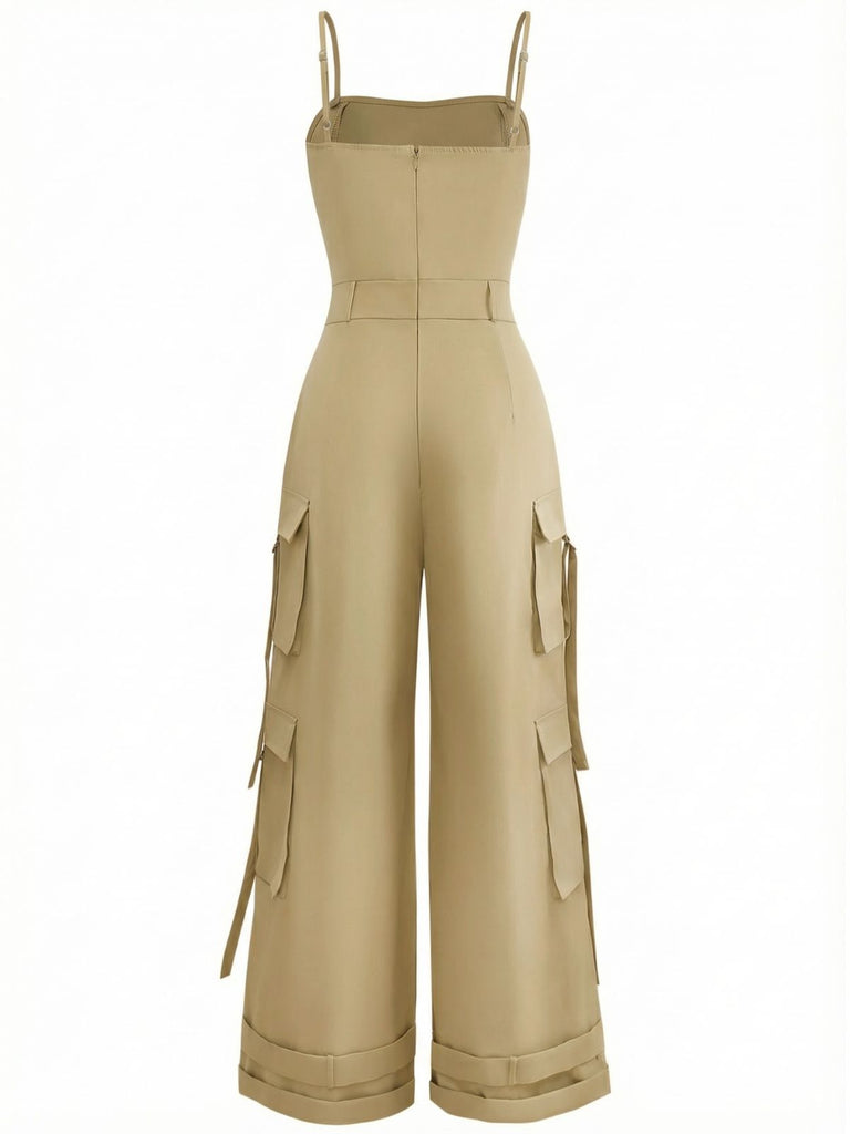 1970er Solide Spaghetti Träger Cargo Stil Weitbeinig Jumpsuit