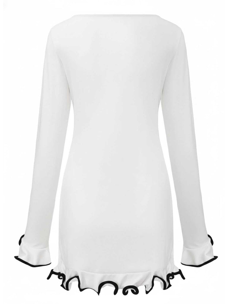 1960er Rüschen Saum Langarm Kleid