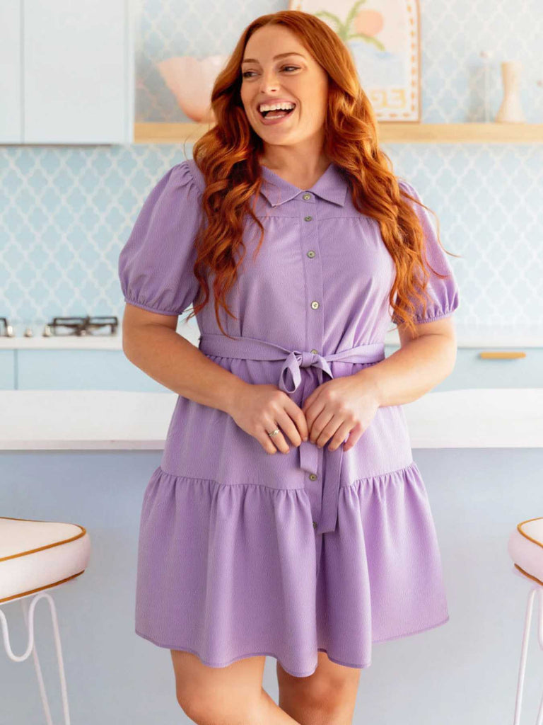 [Übergröße] Lavendel 1950er Puffärmel Shirt Kleid