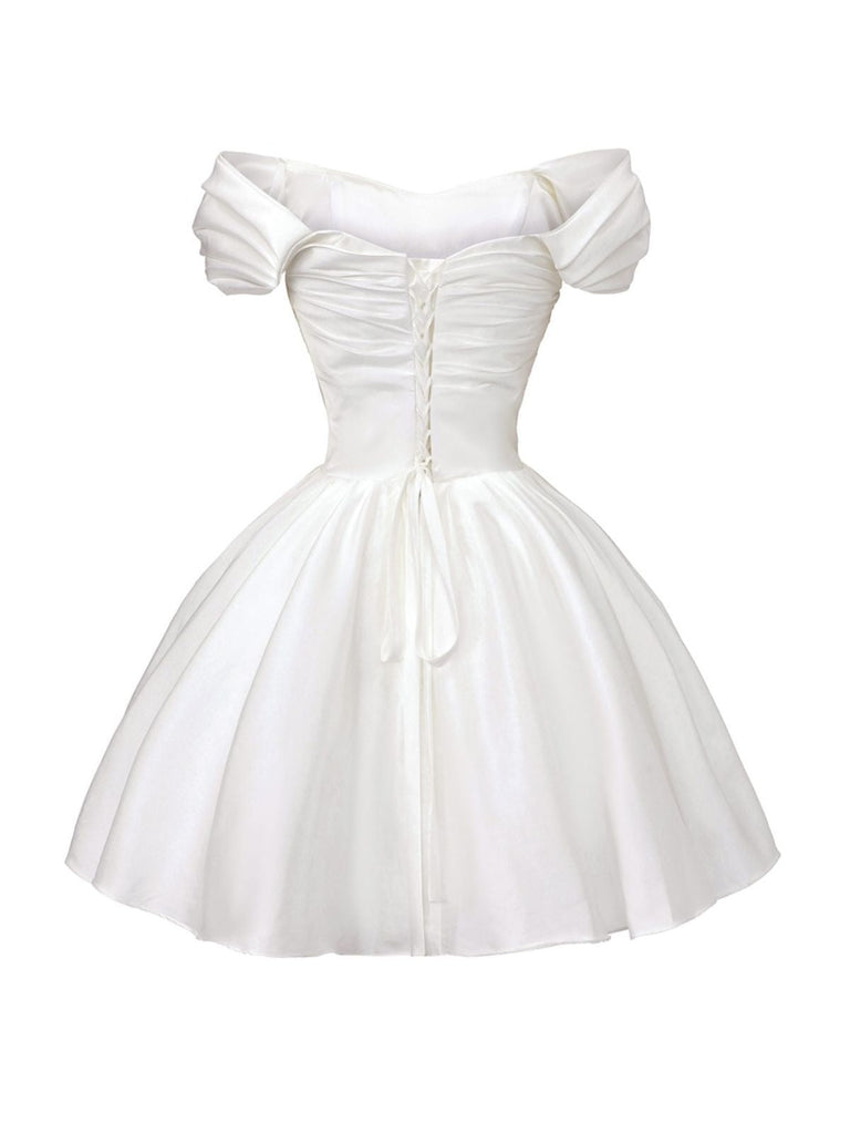 Weiß 1960er Satin Schulterfrei Mini Kleid