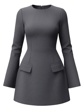 1960er Solide Langarm Faux Taschen Kleid