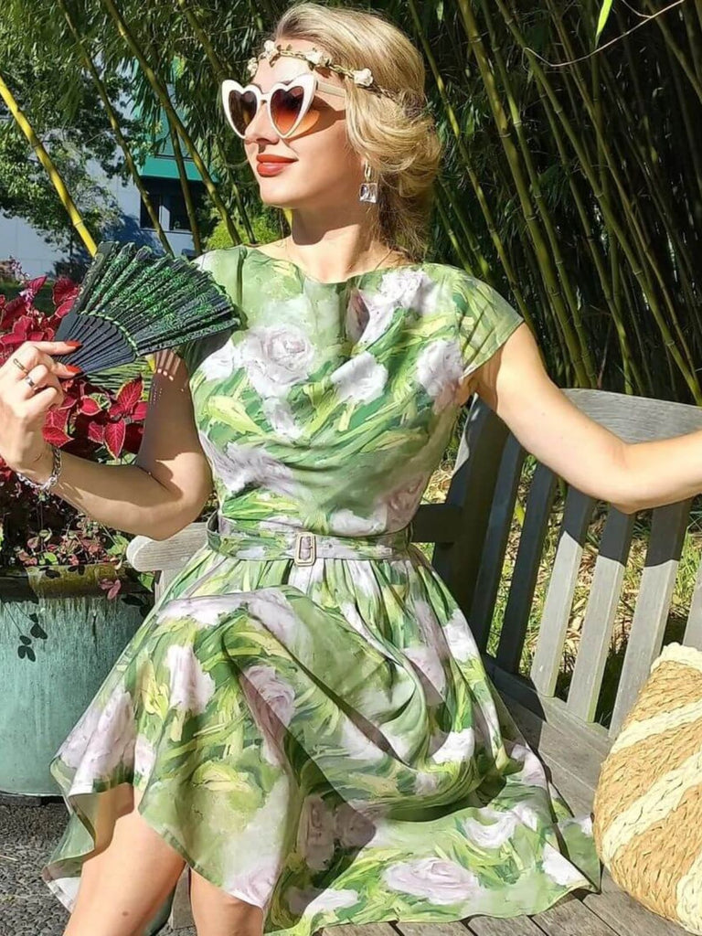 1960er Grünes Ölmalerei Rosenkleid
