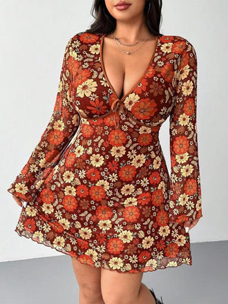 [Übergröße] Orange 1960er V-Ausschnitt Blumen Kleid