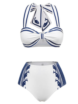 Weiß 1940er Marine-Stil Wal Bademode