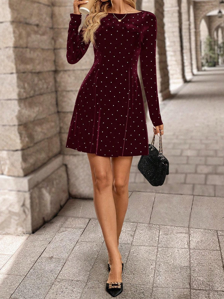 1980er Samt Strassstein Tailliert Party Kleid