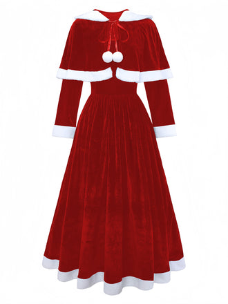 Rot 1930er Frau Weihnachtsmann Samt Kleid mit Kap