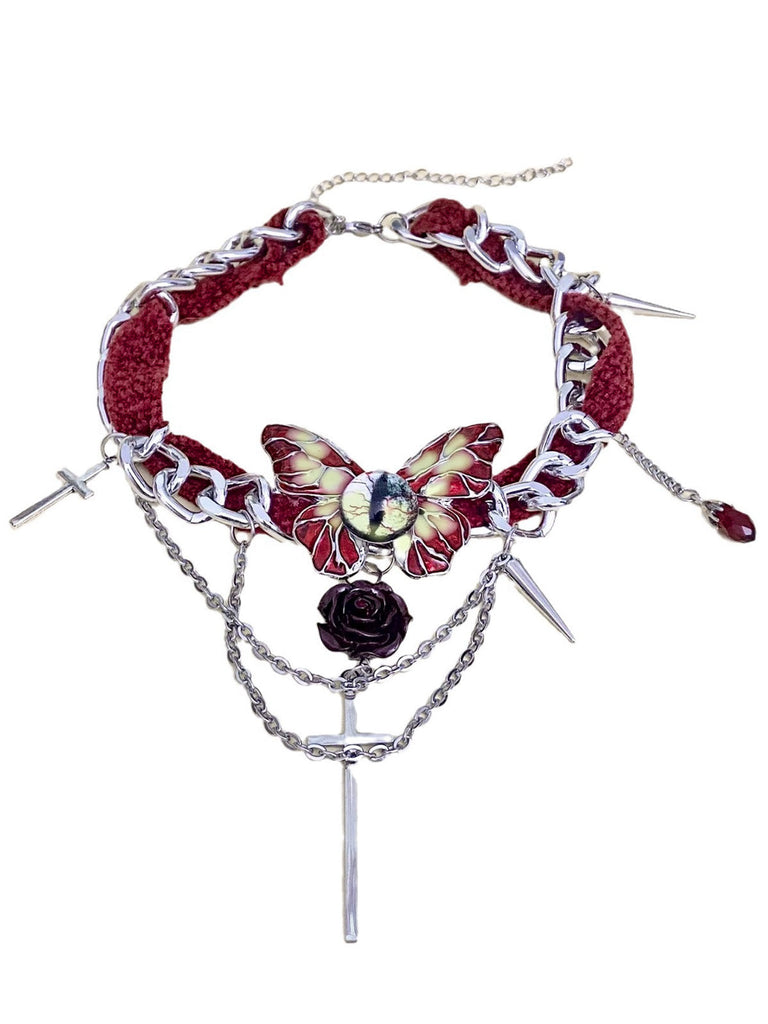 Gothic Kreuzen Chains Rose Rot Samt Schmetterling Choker