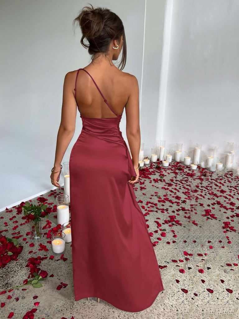 1960er Eine Schulter Gerüscht Schlitz Satin Kleid