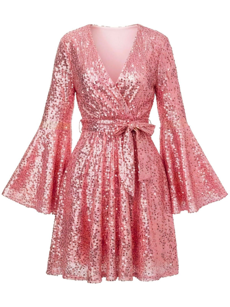 1970er V-Ausschnitt Schlagärmel Pailletten Disco Kleid
