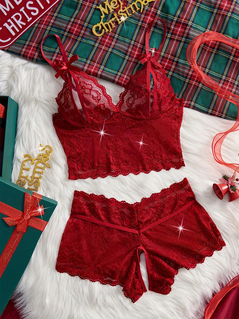 Rot 1950er Spitze Sheer Spaghetti Träger Nachtwäsche Set