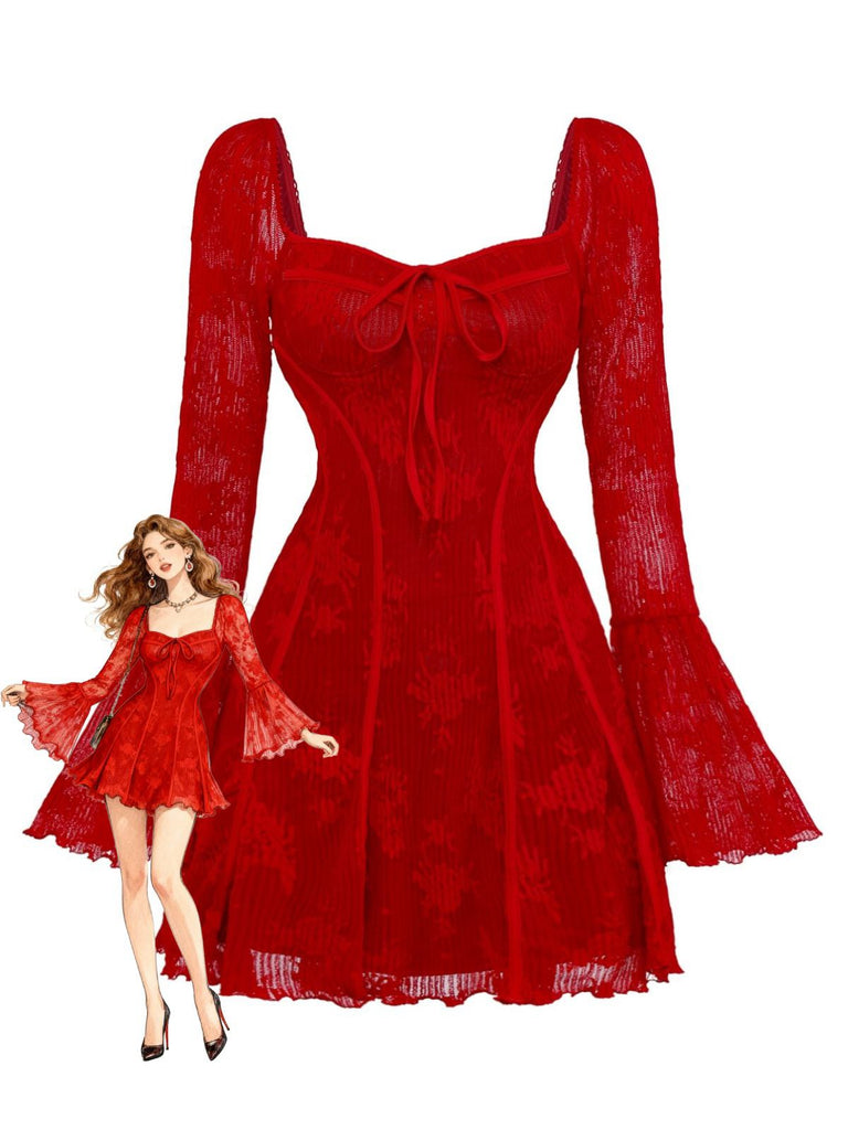 Rot 1960er Blumen Bogen Glockenärmel Gestrickt Kleid