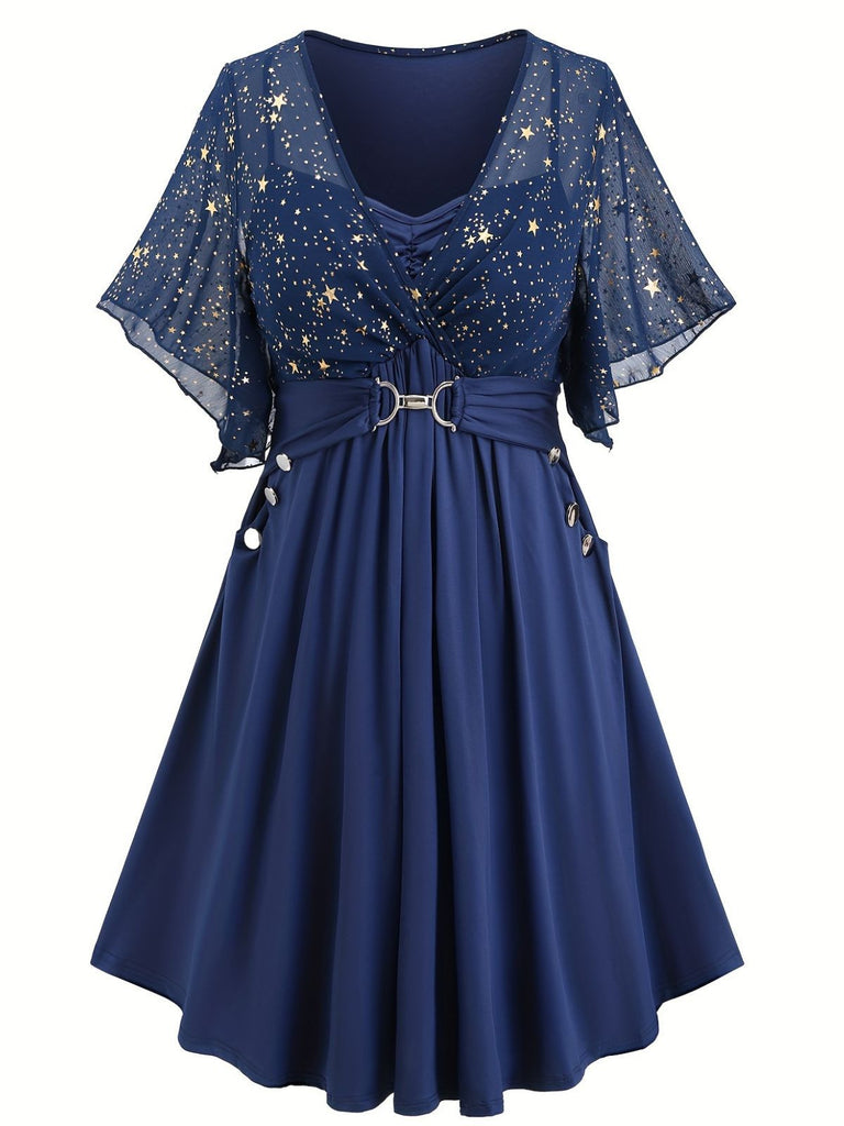 [Übergröße] Marineblau 1970er Stern Rüschen Volantärmel Kleid