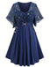 [Übergröße] Marineblau 1970er Stern Rüschen Volantärmel Kleid