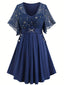[Übergröße] Marineblau 1970er Stern Rüschen Volantärmel Kleid