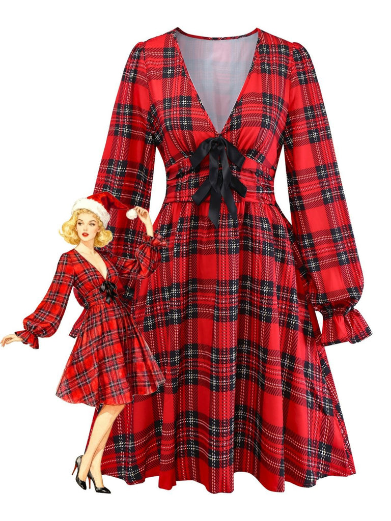 Rot 1950er Plaid Bogen Tief-V Langarm Kleid