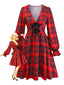 Rot 1950er Plaid Bogen Tief-V Langarm Kleid