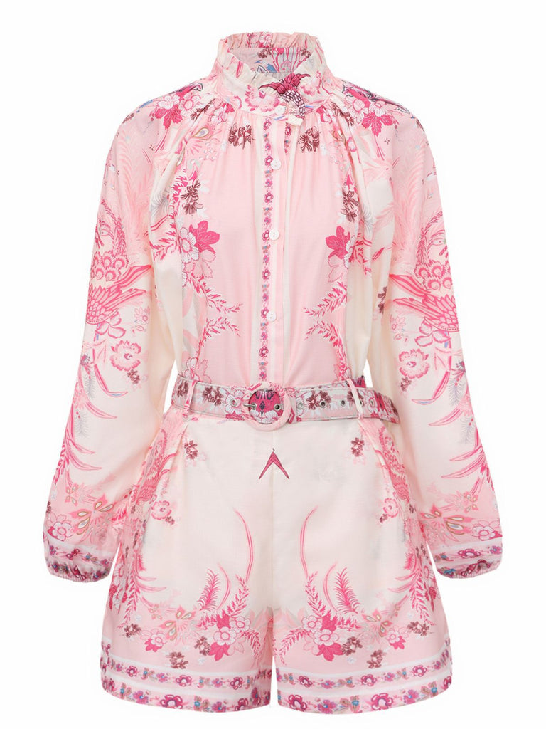 2PCS Rosa 1970er Bohemian Blumen Bluse & Hochgeschnitten Shorts
