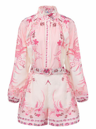 2PCS Rosa 1970er Bohemian Blumen Bluse & Hochgeschnitten Shorts