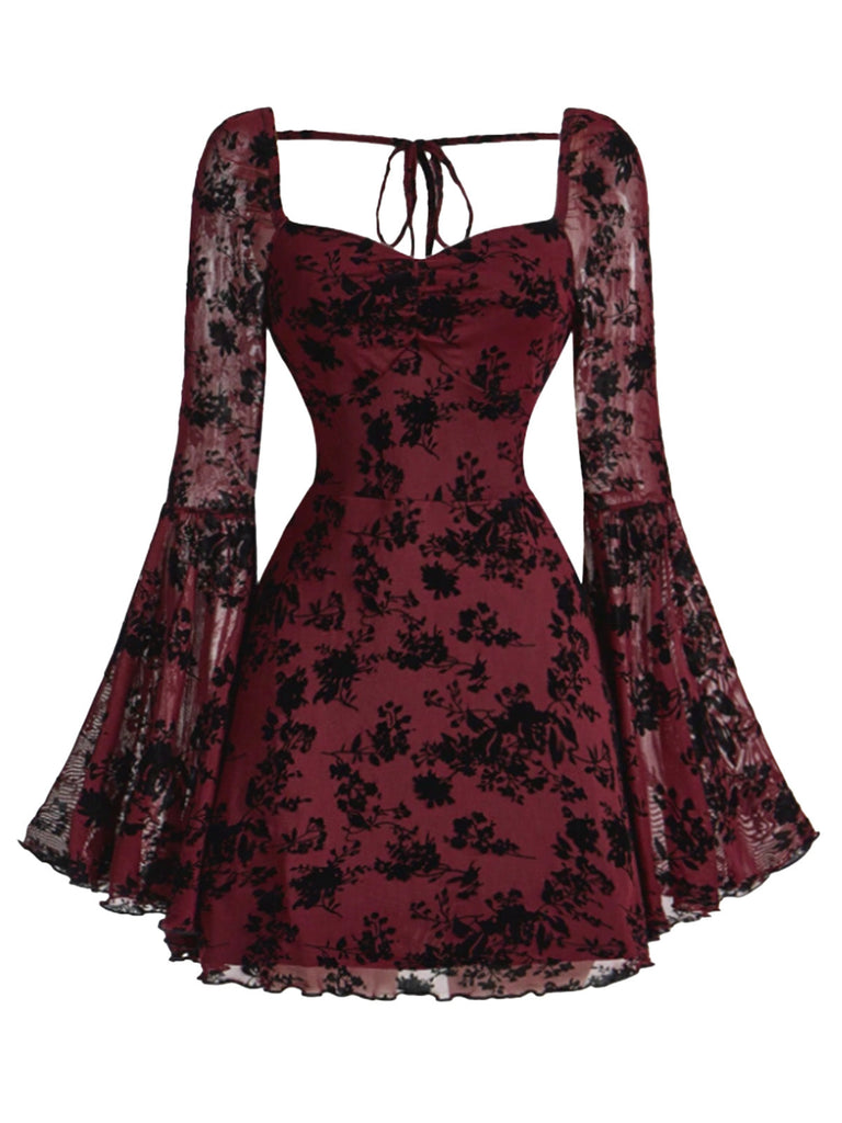 [Vorverkauf] Weinrot 1950er Spitze Blumen Bischofsärmel Kleid