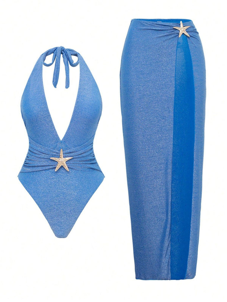 2PCS Blauer See 1950er Seestern Schnürung Halter Badeanzug & Cover-Up