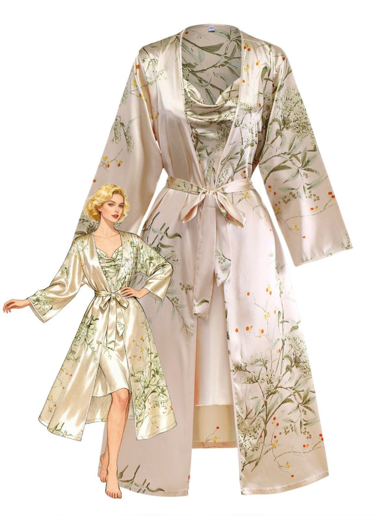 2PCS 1950er Blumen Träger Satin Nachthemd & Bademantel