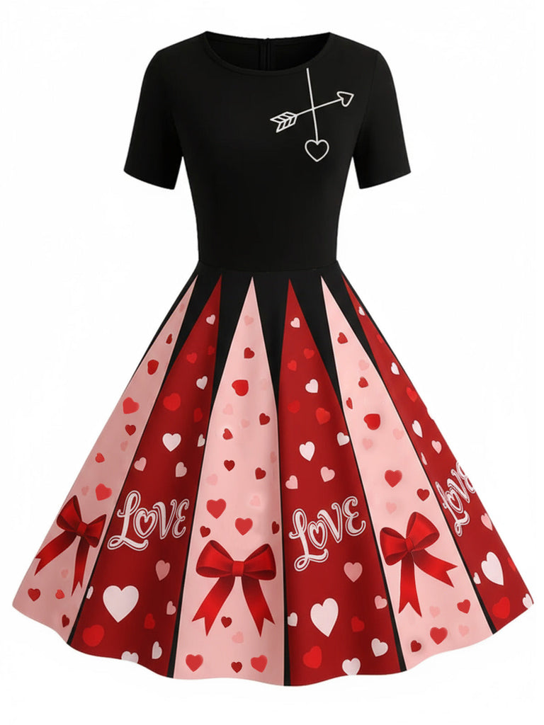 [Vorverkauf] Schwarz 1950er Valentinstag Herz Bogen Swing Kleid
