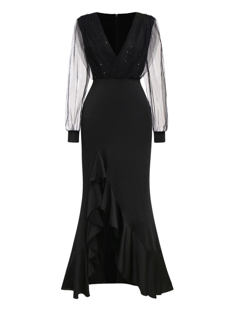 Schwarz 1930er Solide V-Ausschnitt Pailletten Unregelmäßiger Saum Kleid