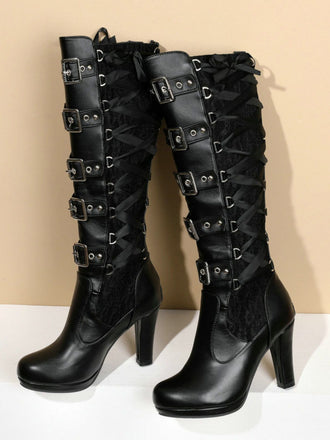 Vintage Punk Schnürung Spitze Hochabsatz Stiefel