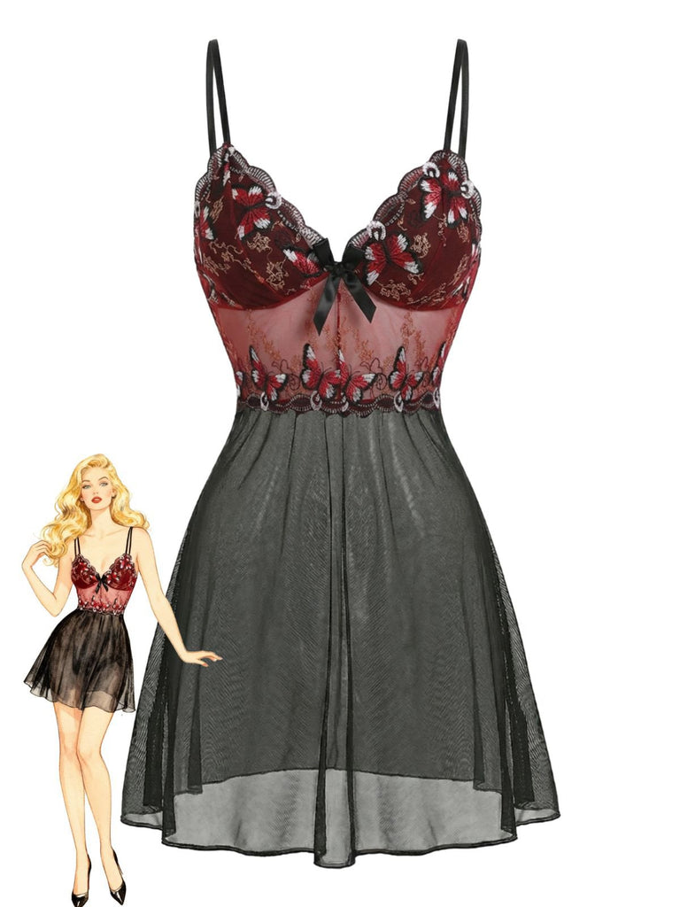 Schwarz 1960er Schmetterling Bestickt Bogen Netz Nachthemd