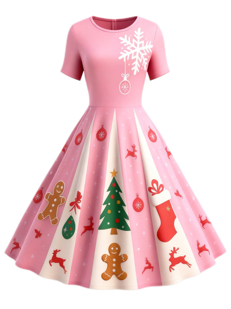 [Vorverkauf] Rosa 1950er Weihnachten Schneeflocke Swing Kleid