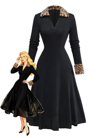 Schwarz 1940er Leopard Kunst Pelz Besatz Gerippt Stricken Kleid