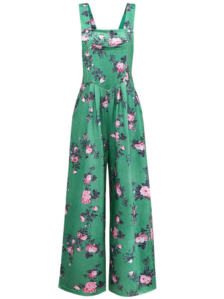 Grün 1940er Blumen Drucken Weitbeinig Jumpsuit