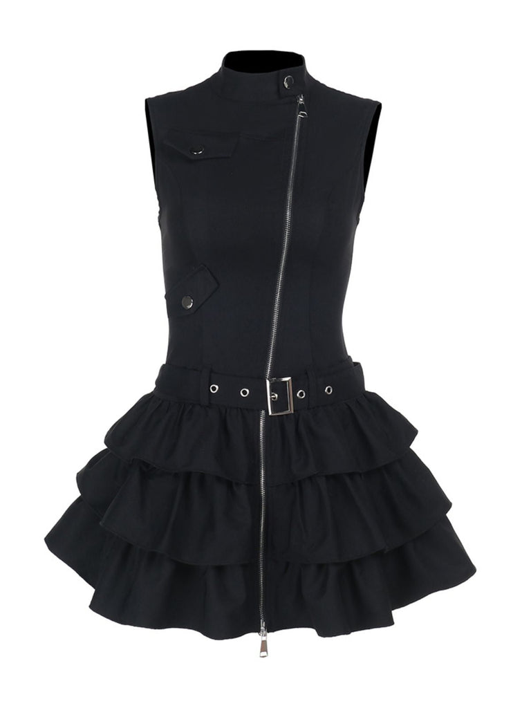 Schwarz 1980er Steampunk Solide Reißverschluss Gürtel Kleid