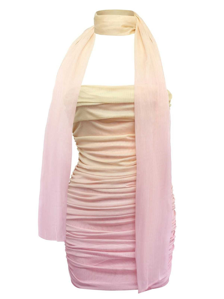 1960er Trägerlos Gradient Gerüschtes Enges Kleid Mit Schal