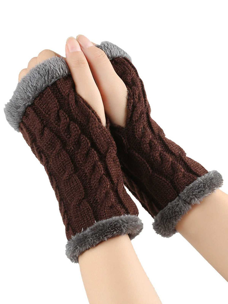 Winter Kunstpelzbesatz Stricken Fingerlos Handschuhe