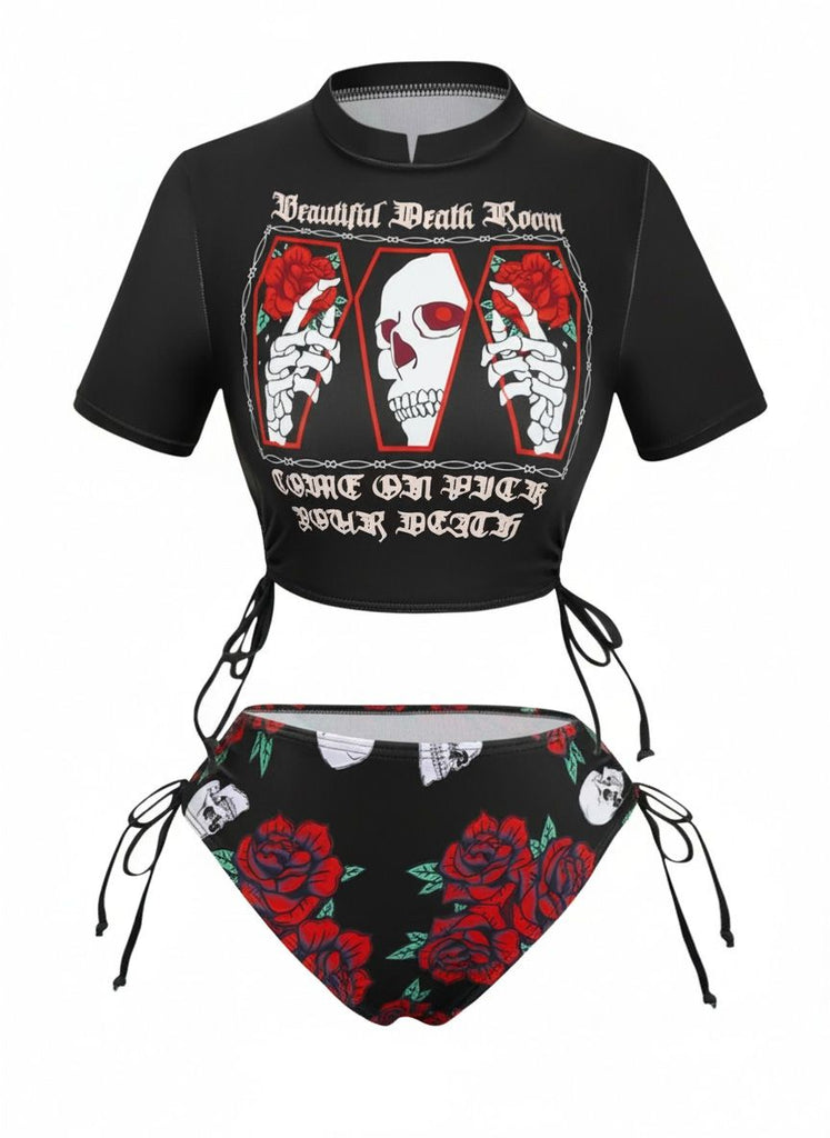 1980er Totenkopf Rose Grafik Tankini Set