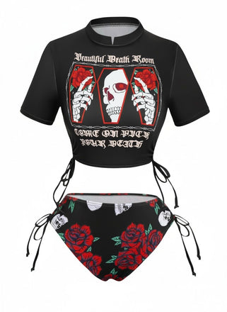1980er Totenkopf Rose Grafik Tankini Set