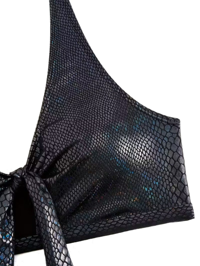 1970er Schlangenhaut Metallisch Front-Bindung Bikini Set
