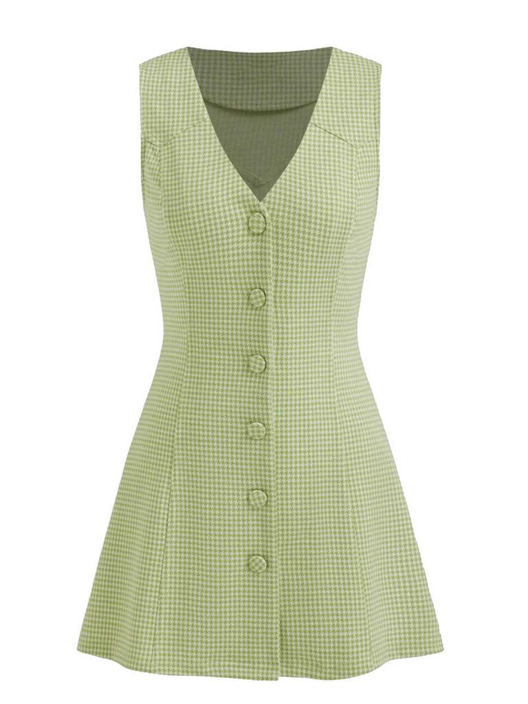 Grün 1960er V-Ausschnitt Hahnentritt Ärmellos Kleid