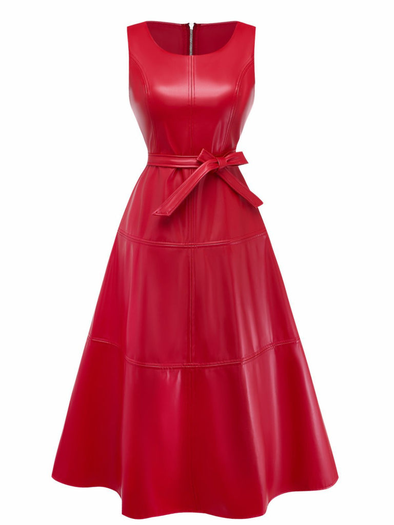 1940er Solide Leder A-Linie Ärmelloses Kleid