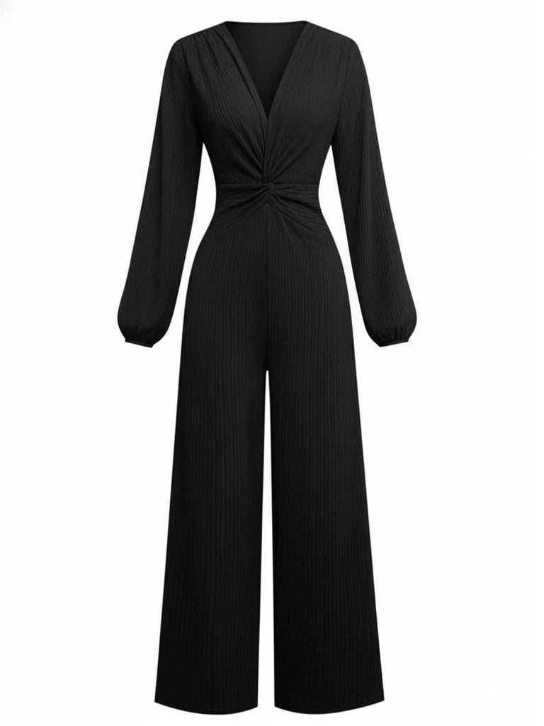 1970er Solide V-Ausschnitt Twist Langarm Jumpsuit