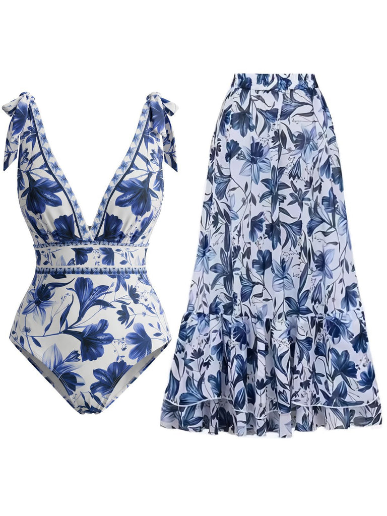 Blau 1940er Blumen Schulterband Einteiliger Badeanzug & Cover-Up