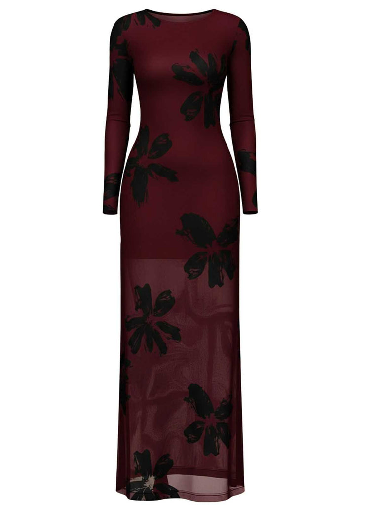 1930er Blumen Netz Langarm Maxi Kleid