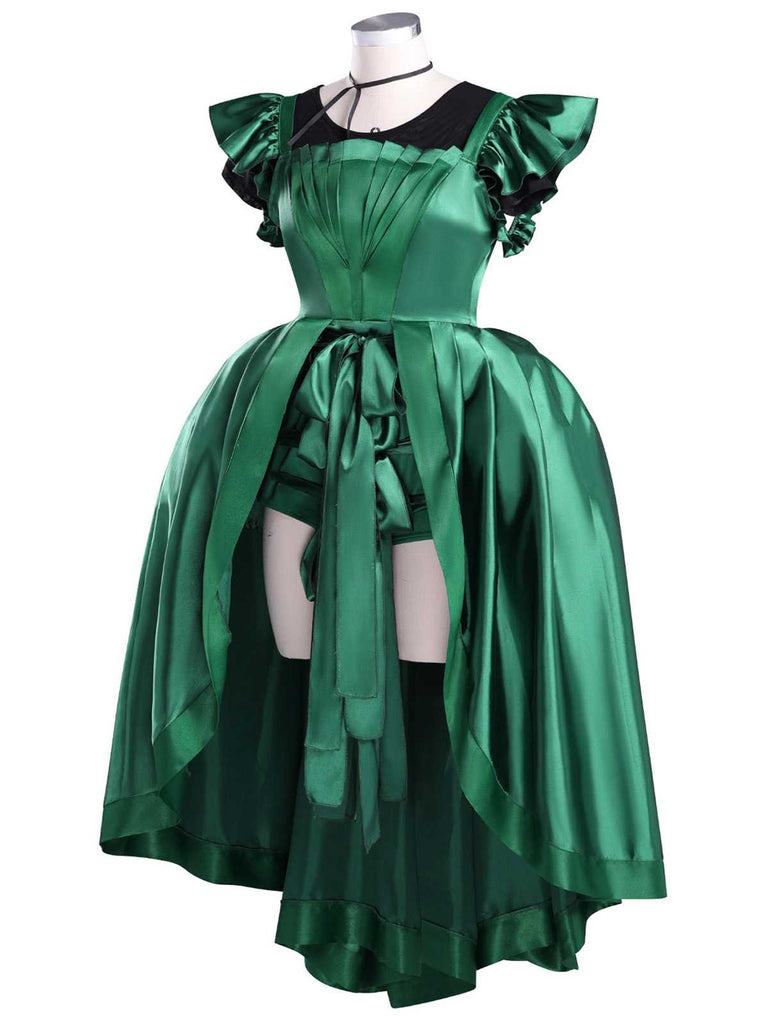 Grün 1950er Wednesday Addams Inspiriert Satin Kostüm Set
