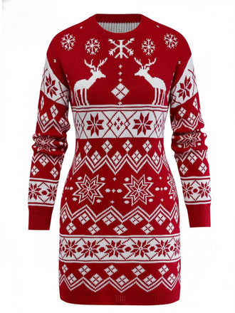 1960er Weihnachten Reindeer Schneeflocke Jacquard Stricken Kleid